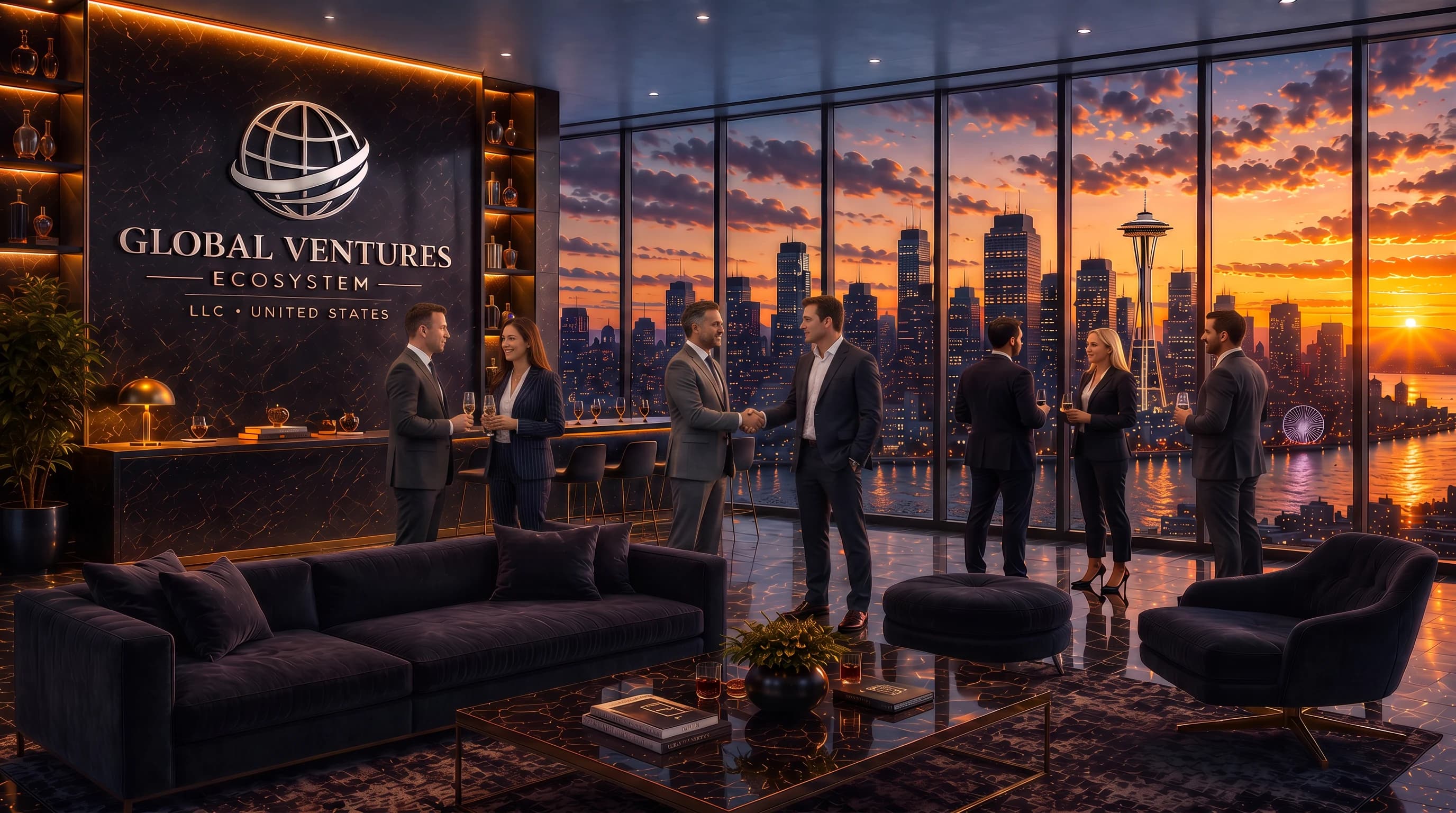 Executive networking in premium office overlooking Seattle skyline at sunset